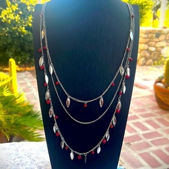 Long Multi-strand Red Bead & Silver Leaf Chain Necklace 31+" - Picture 1 of 6